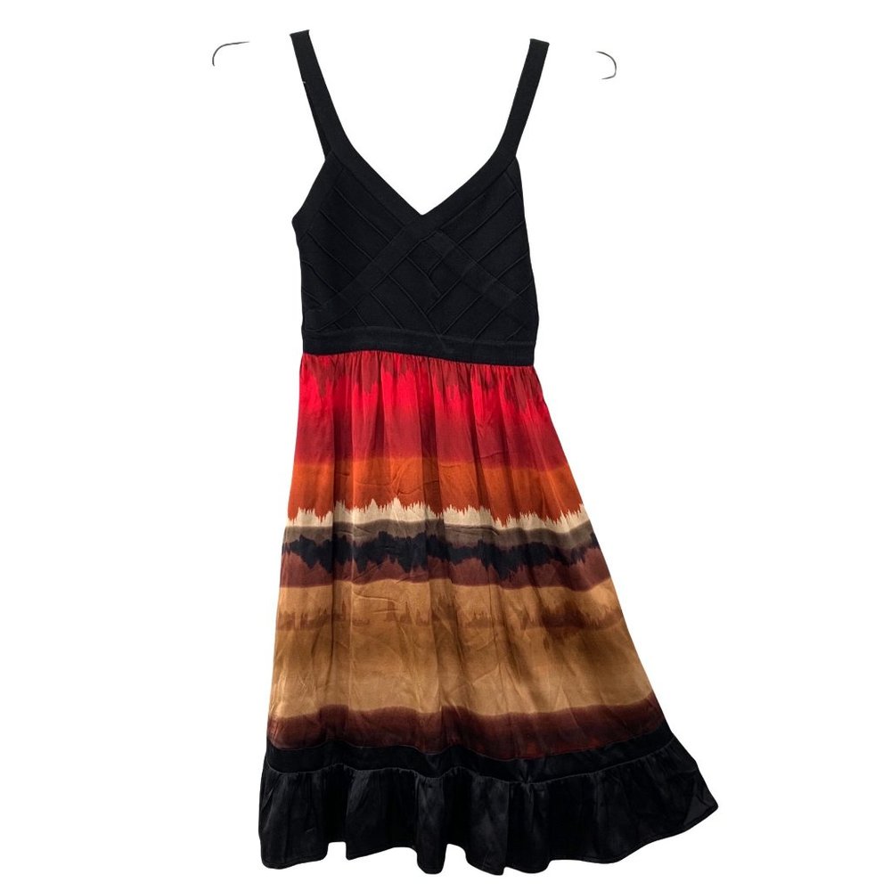 Bebe Babydoll Dress sz XS Black Orange Rust Brown Fall Colors Watercolor Peplum